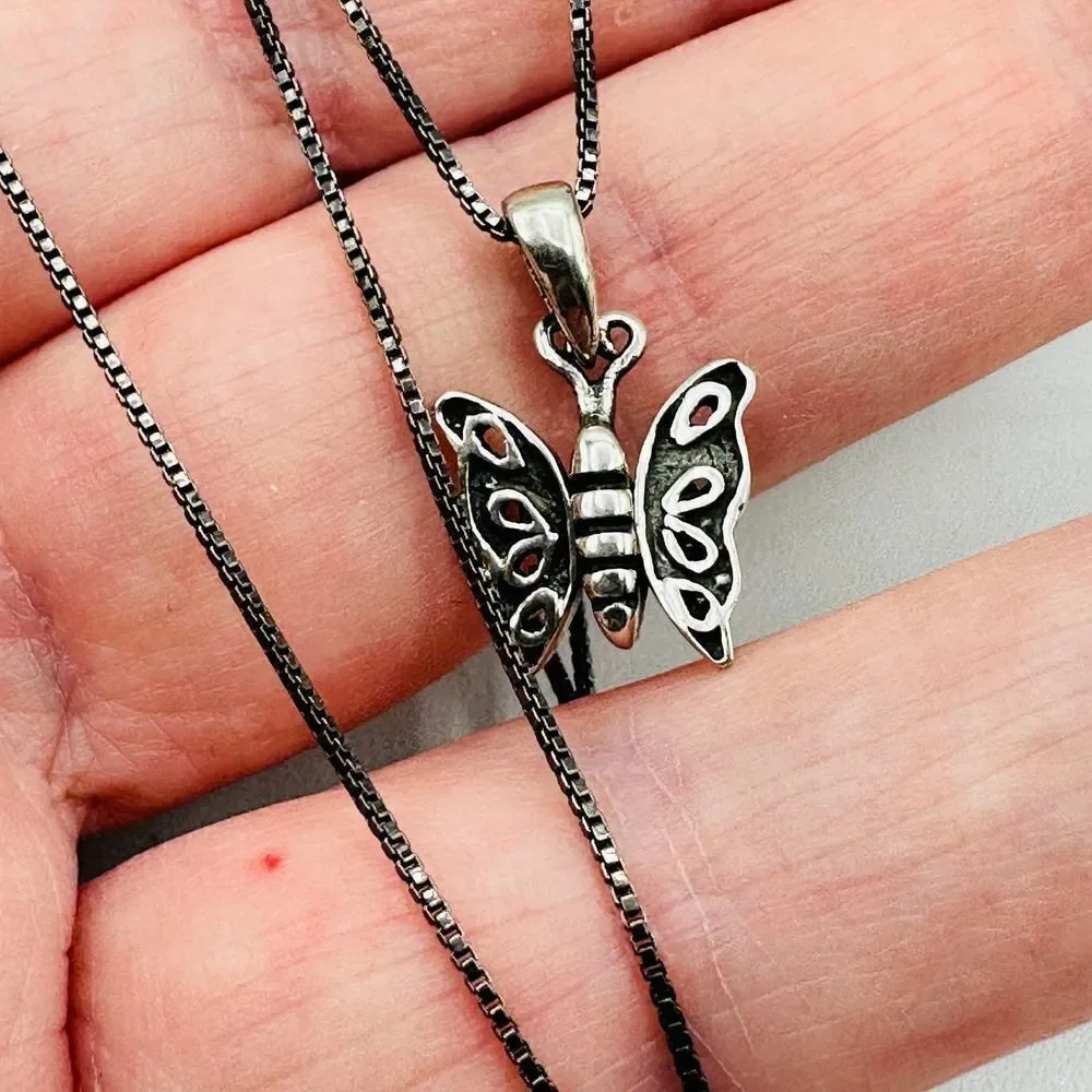 Butterfly Sterling Silver Necklace Black Rhodium Sterling Box Chain